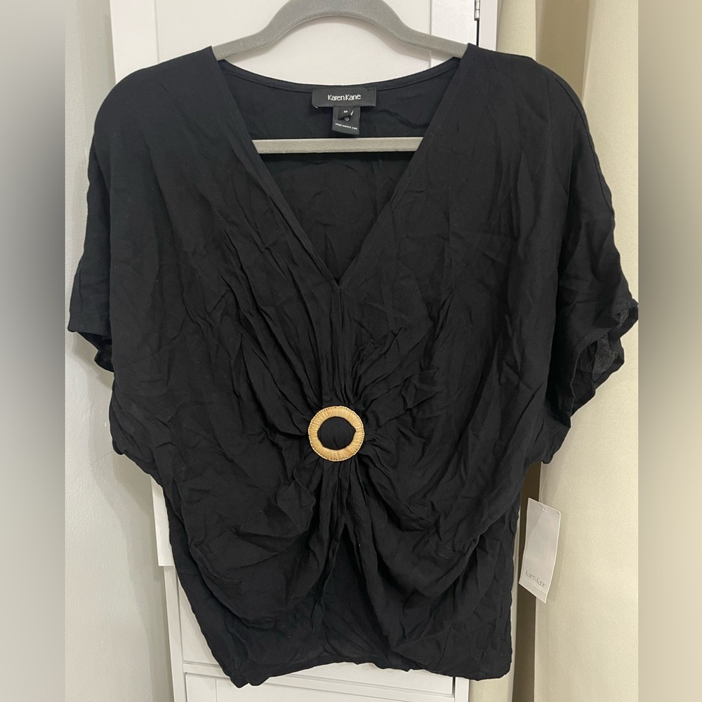 Karen Kane Black Blouse with Gold Ring Accent, Size Medium